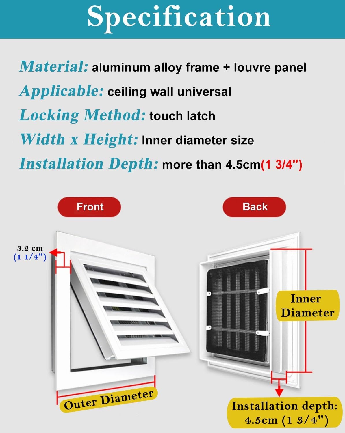 Drop Ceiling Wall Vented Access Panel, Touch Latch Access Hatch with Removable Screen & Screw, Pop in Inspection Door Fits Openings from 6-34 in(20x28in(51x71cm))