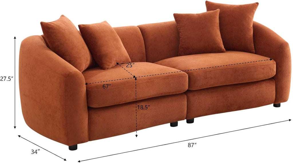 Christopher Knight Home Taliyah 87' Cozy Velvet Upholstered Lounge Sofa, 3-Seater Curved Home Sofa Living Room with 4 Pillows, Sturdy Wooden Frame Lounge Chair Indoor, Couch with Thick Cushion, Orange