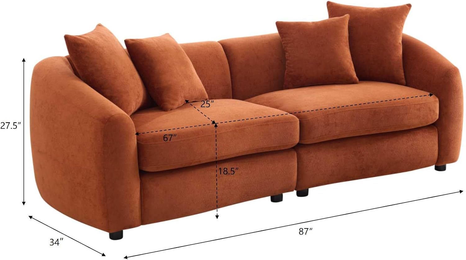 Christopher Knight Home Taliyah 87' Cozy Velvet Upholstered Lounge Sofa, 3-Seater Curved Home Sofa Living Room with 4 Pillows, Sturdy Wooden Frame Lounge Chair Indoor, Couch with Thick Cushion, Orange