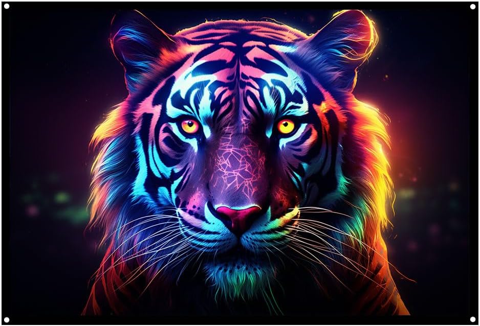Tiger portrait, UV tapestry, Blacklight Reactive Wall Hanging, Neon Backdrop, Party Decor, Psychedelic Tapestry, Visionary Wall Art (Large)