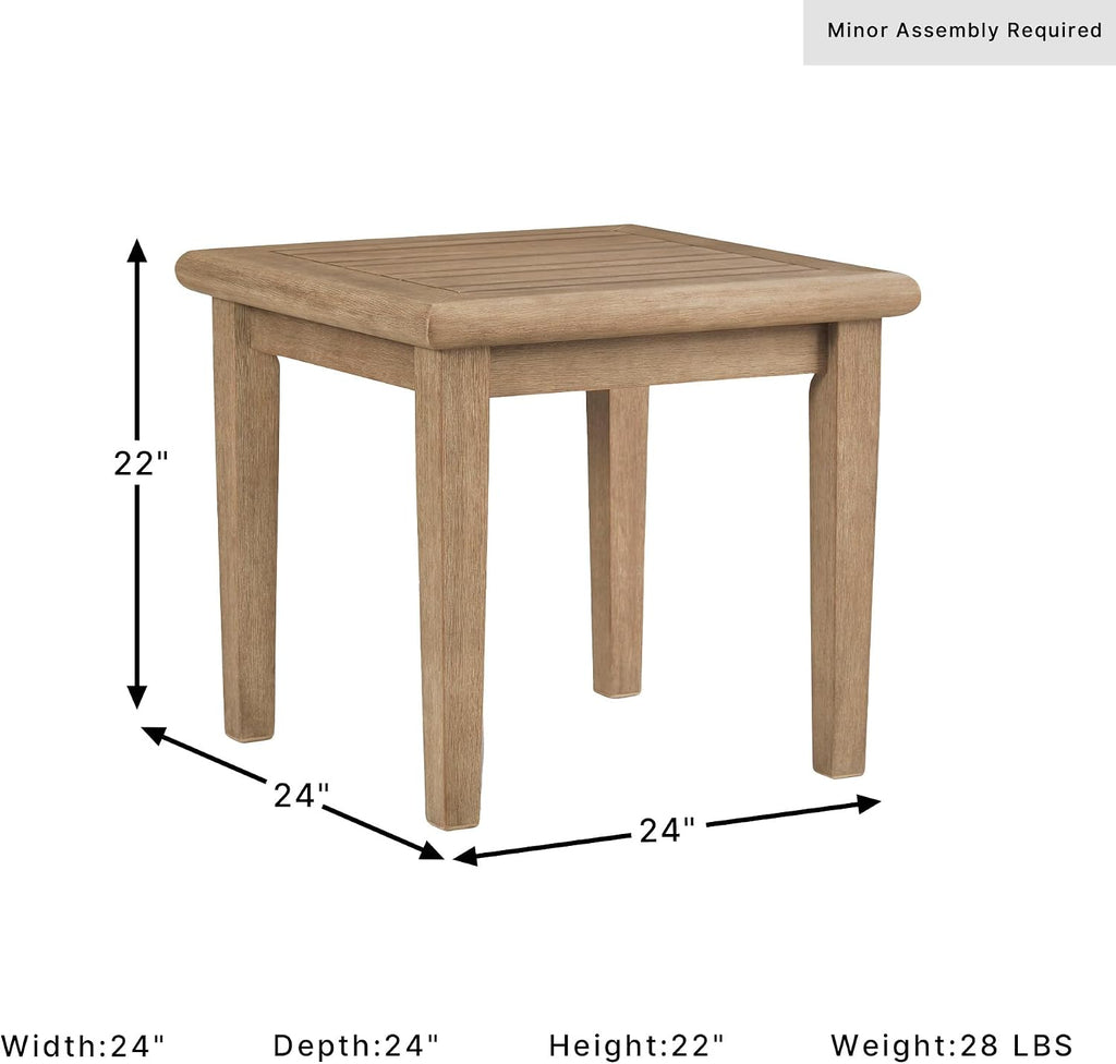 Signature Design by Ashley Gerianne Outdoor Square End Table with Slatting Styling and 5-Step Finishing Process, Eucalyptus Wood Frame, 22' High, Grayish Brown
