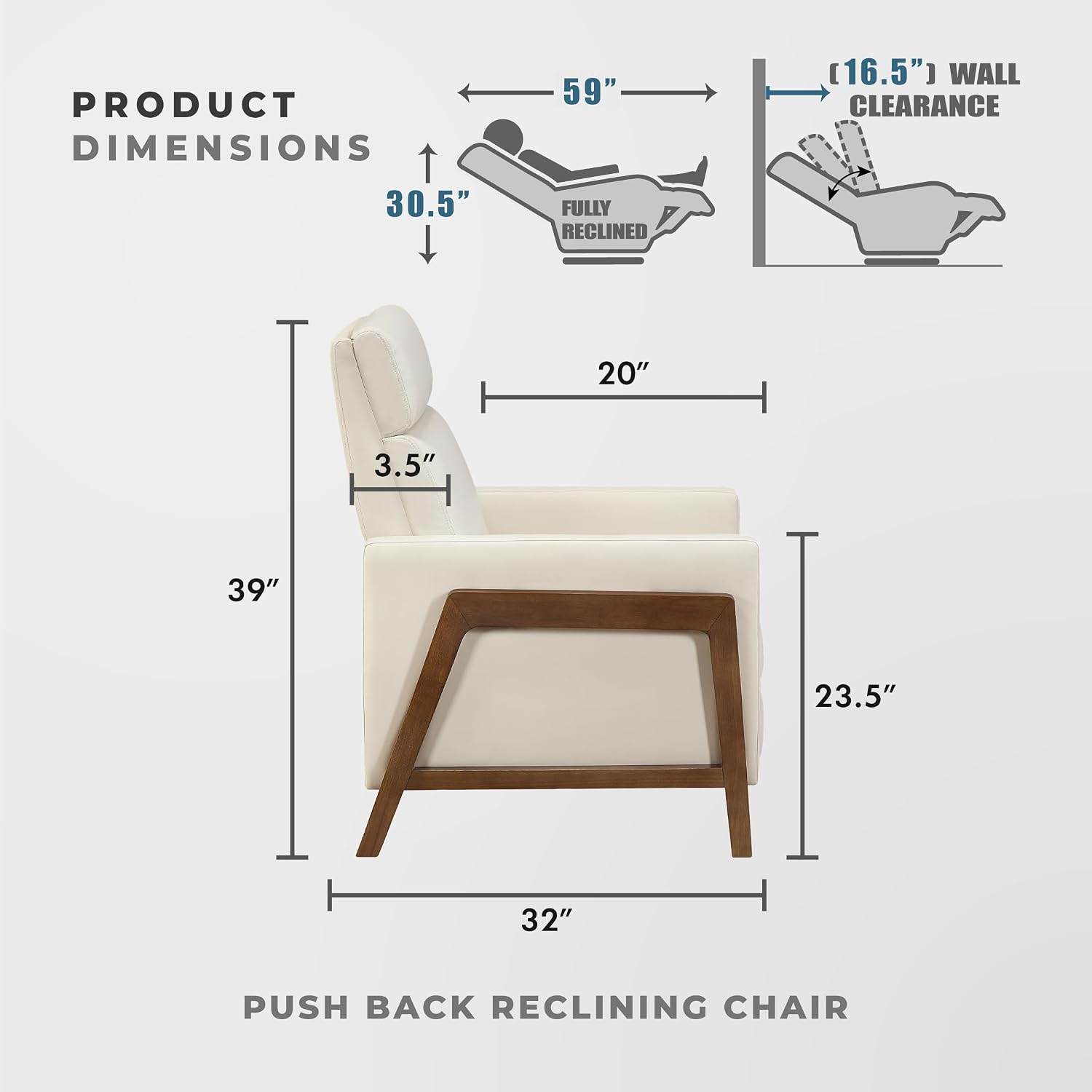 Lexicon Push Back Recliner Chair, Faux Leather Upholstered Reclining Chair with Footrest, Exposed Dark Brown Finish Wood Frame, Small Recliner for Small Space, Living Room, Bedroom, Light Beige