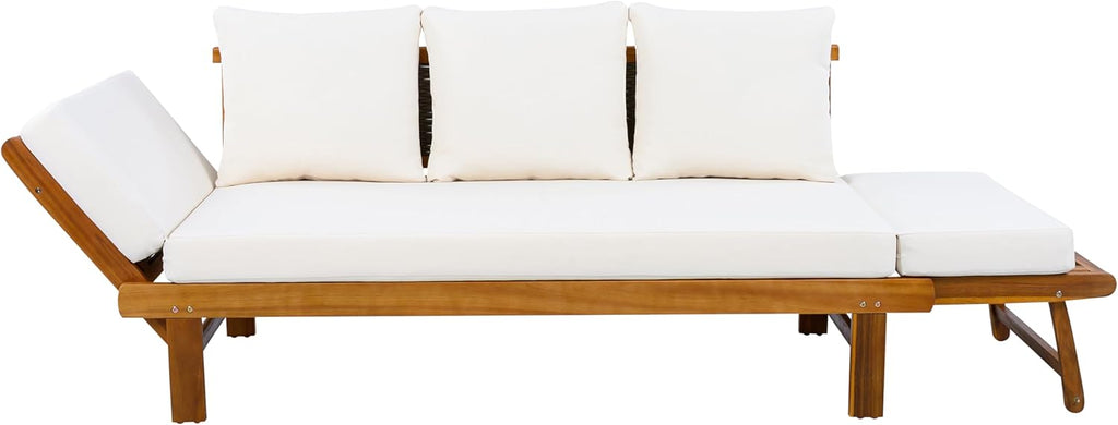 Christopher Knight Home Guru Patio Convertible Couch with Adjustable Armrest, Acacia Wood Outdoor Daybed, PE Wicker Patio 3 Seater Sofa, Back Pillow+Removable Cushion, Teak+Cream