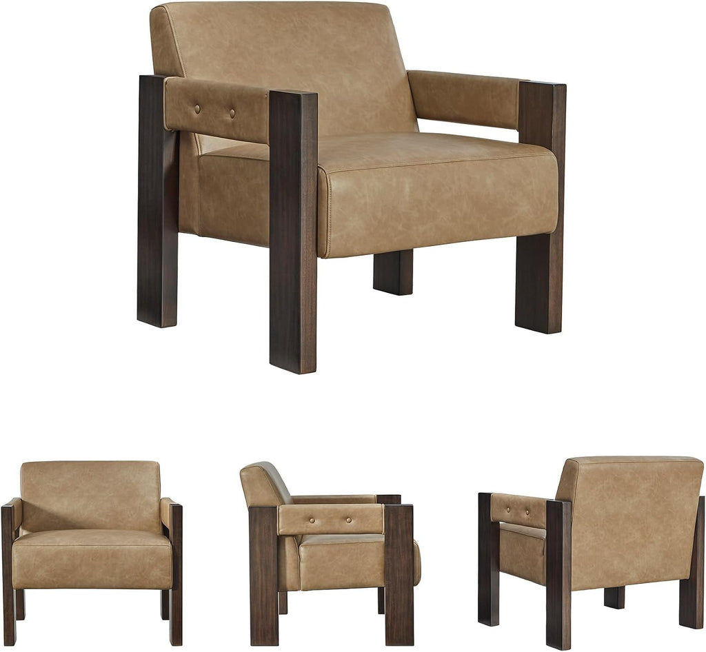 Signature Design by Ashley Adlanlock Contemporary Faux Leather Accent Chair with Wood Frame, Light Brown