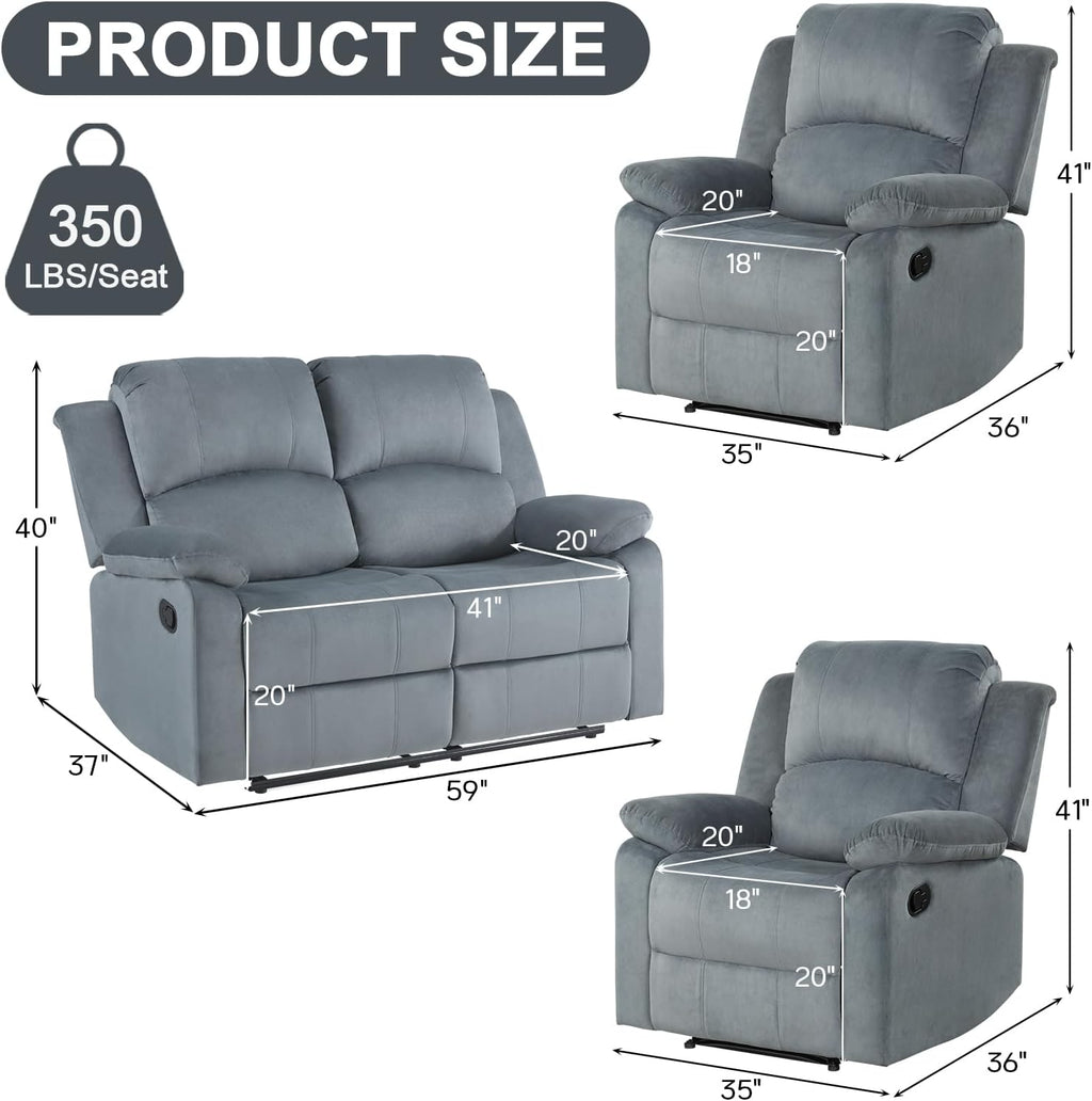 CANMOV Manual Recliner Sofa Set,Reclining Couch Furniture Set for Living Room, Includes 2 Recliner Chair and 1 Loveseat for Home Theater and Office, Grey