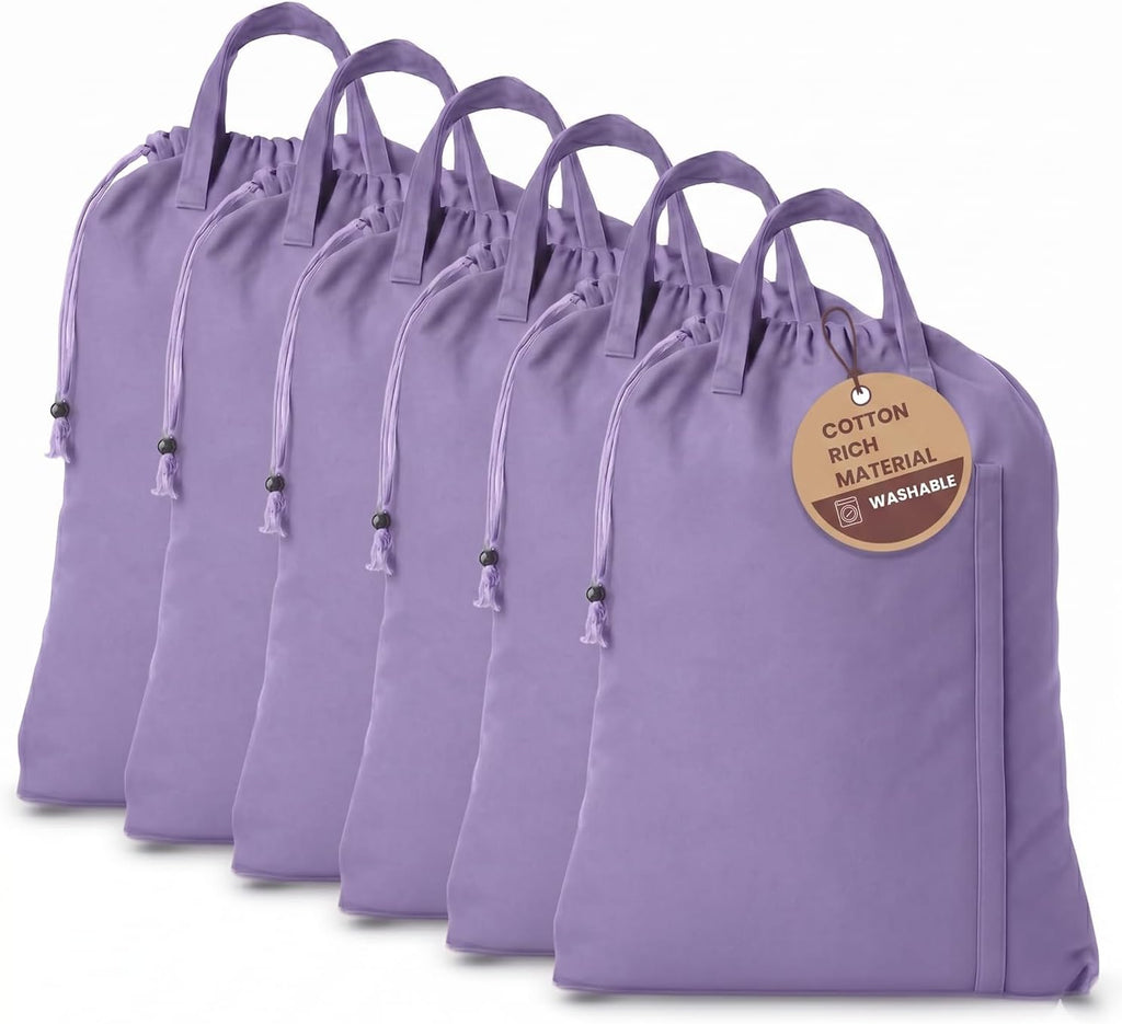 LFH Home Cotton Rich Large Premium Canvas Laundry Bag, Heavy Duty Washable Laundry Hamper with Drawstring & Handles, Multi-Use Clothes Storage for Home, Travel & College 18'x26' (Pack of 6) - Lavender