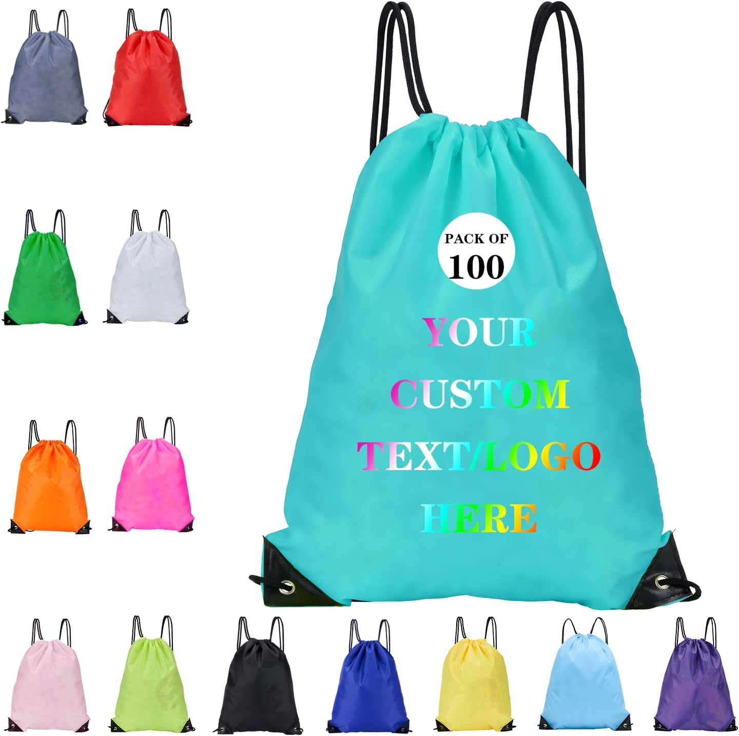 Custom Bags With Your Logo Set of 100 Custom Backpack Draw String Bags Pack Bulk for Travelling Swimming Gym Everyday Use (Blue 2)