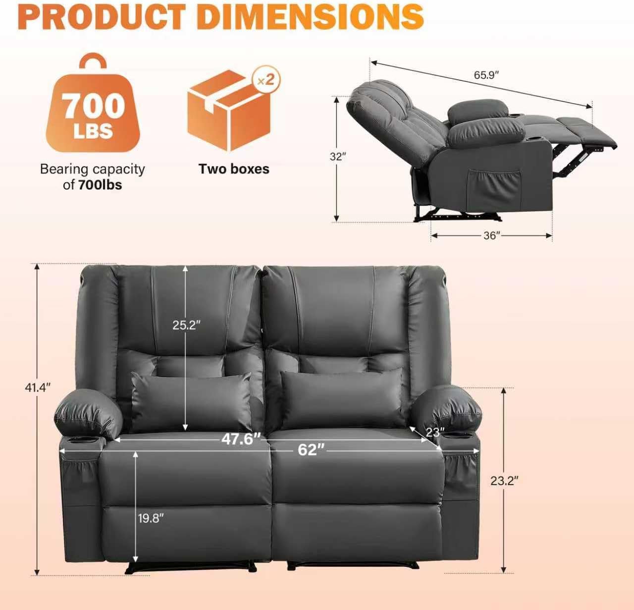 HRVEOCEI Grey Leather Loveseat Recliner with Massage/Heat, Oversized Recliner Couch & Reclining Loveseat with Cup Holders/Pillow, Manual Reclining Sofa for Living Room/Rv/Home Theater Seating (Grey)