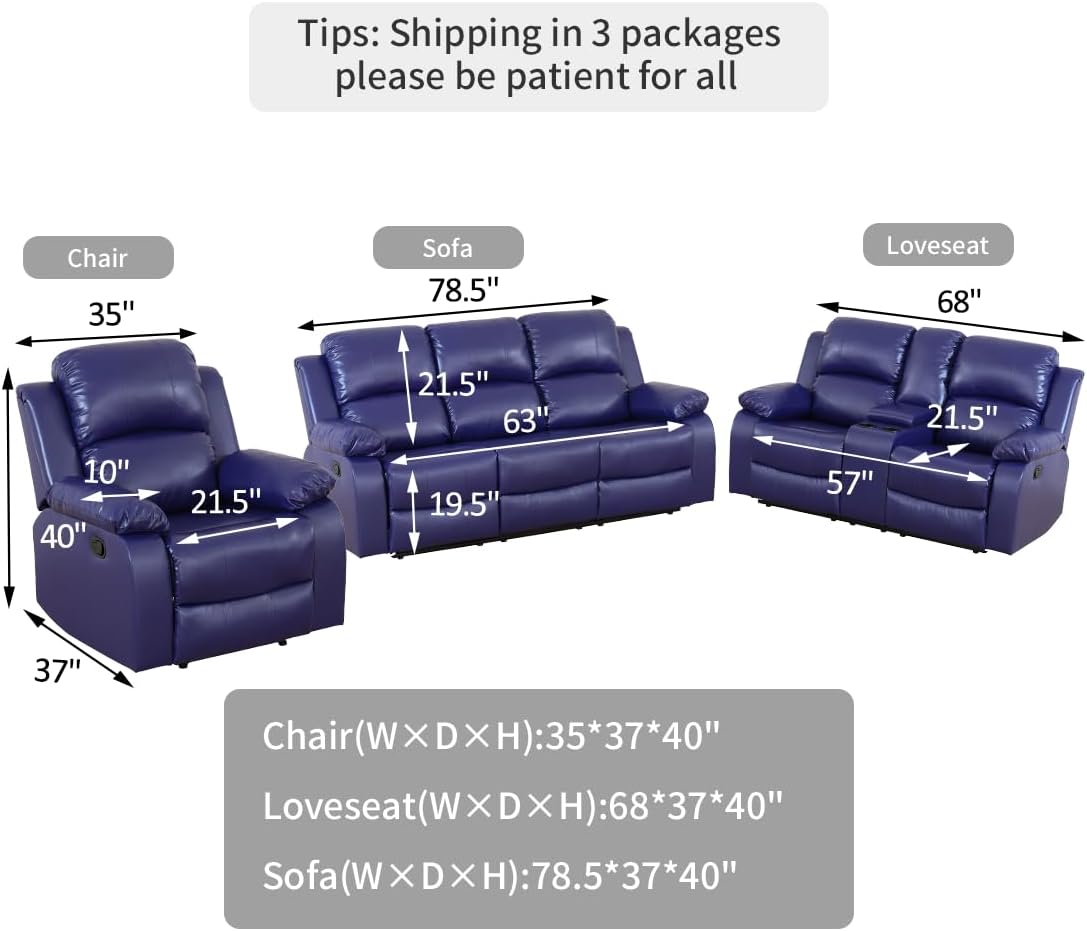 Living Room Furniture Set, Manual Reclining Sofa Set, Blue Leather Recliner Couch Sets with Drop-Down Table, Recliner Sofa with Storage Console/Cup Holder for Living Room/Apartment