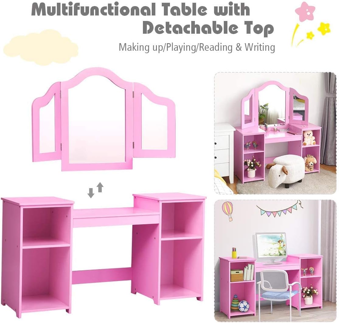 AKUSTIK Kids Vanity, 2 in 1 Pink Wooden Dressing Table for Toddlers with Tri-Folding Detachable Mirror, Storage Shelves, Pretend Princess Beauty Make Up Play Set for Little Girls