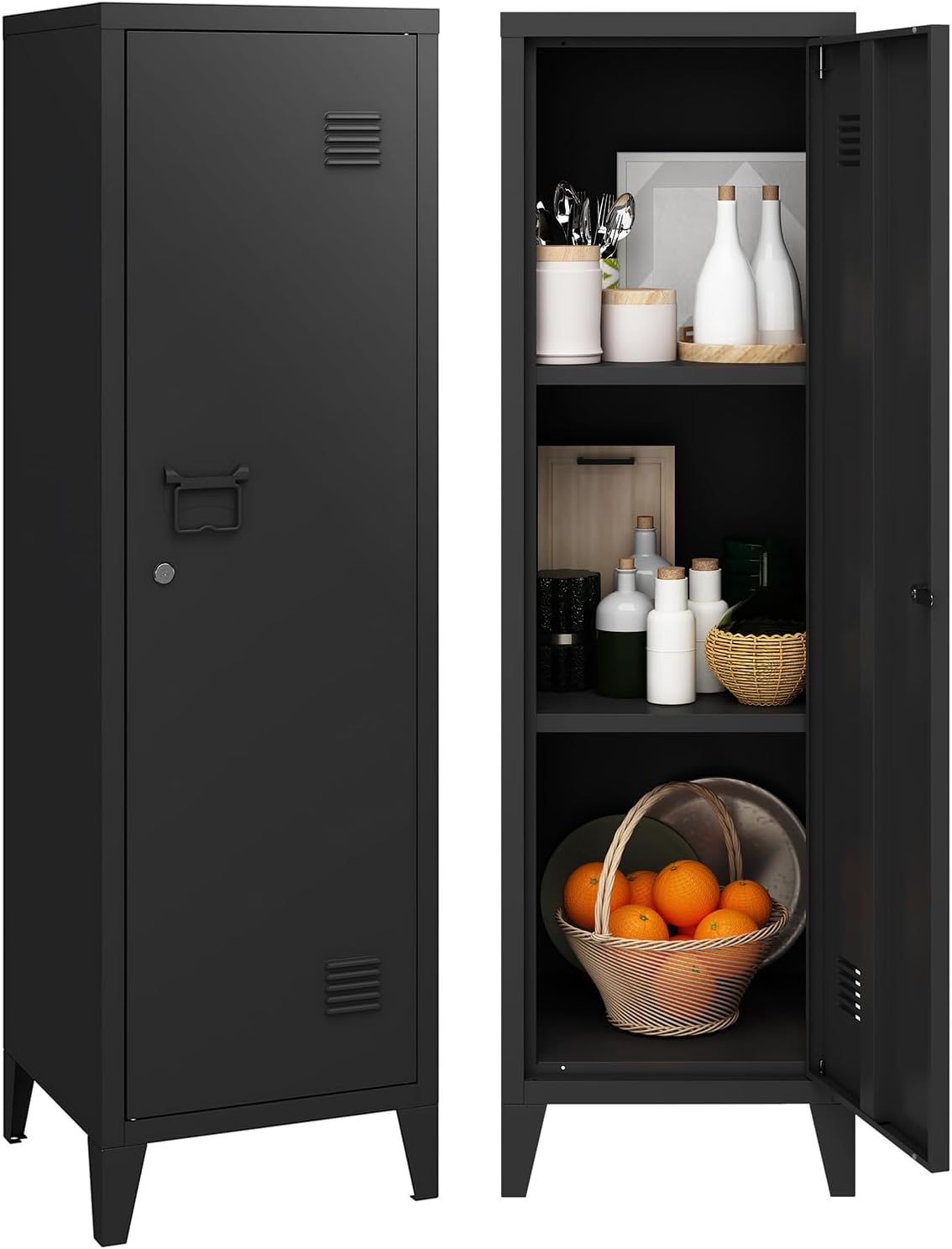 Locker Cabinet, 50' Black Small Metal Locker Storage Cabinet for Employees with Locking Door and 2 Shelves Kids Locker Tool File Cabinets for Bedroom, Home Office, Garage, Bathroom