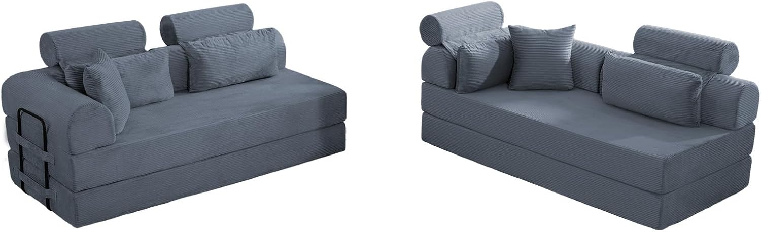 KEIKI 6-in-1 Folding Convertible High Back Sofa Sleeper, 106' Oversized Modular Sectional Corduroy Upholstered L Shape Couches for Living Room, High-Resilience Foam for City Apartment, Dark Gray