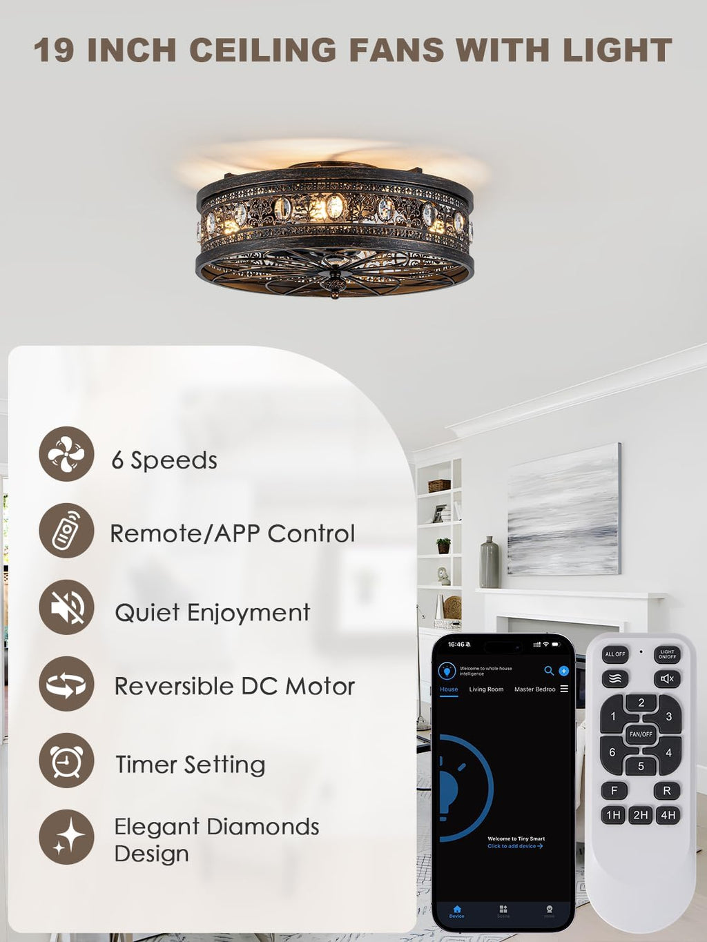Bella Depot Caged Ceiling Fans with Lights,Vintage Victorian Rustic Crystal Fandelier,Low Profile Flush Mount, Farmhouse Ceiling Fan with Light and Remote for Bedroom,Kitchen,Dining Room