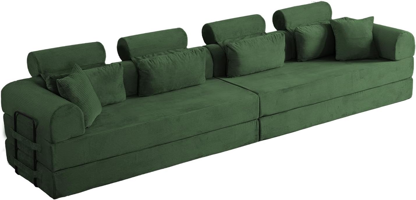 KEIKI 6-in-1 Folding Convertible High Back Sofa Sleeper, 106' Oversized Modular Sectional Corduroy Upholstered L Shape Couches for Living Room, Premium Foam for Contemporary Family Room, Green