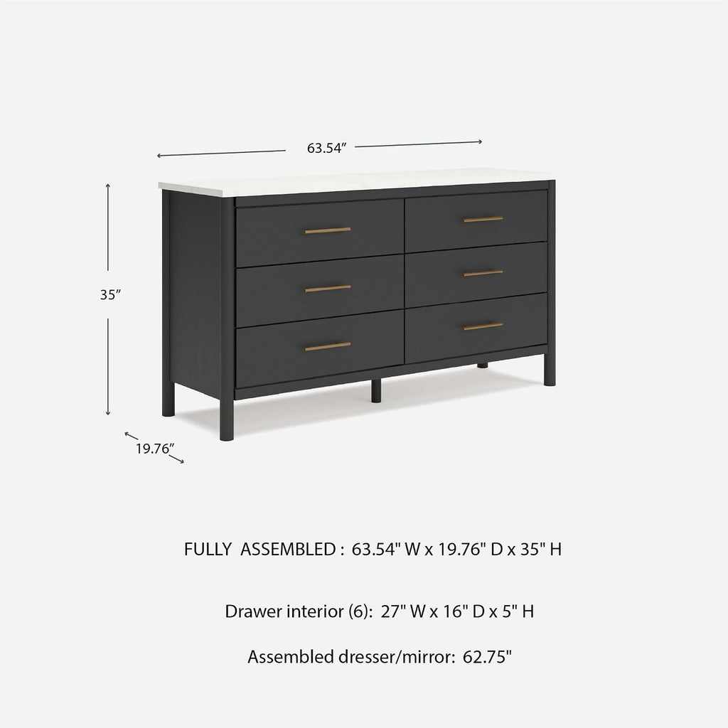 Signature Design by Ashley Cadmori 6 Drawer Dresser, Black Dresser for Bedroom, Matte Black & Replicated White Marble Top, 64' Wide, Engineered Wood Construction, Minor Assembly Required