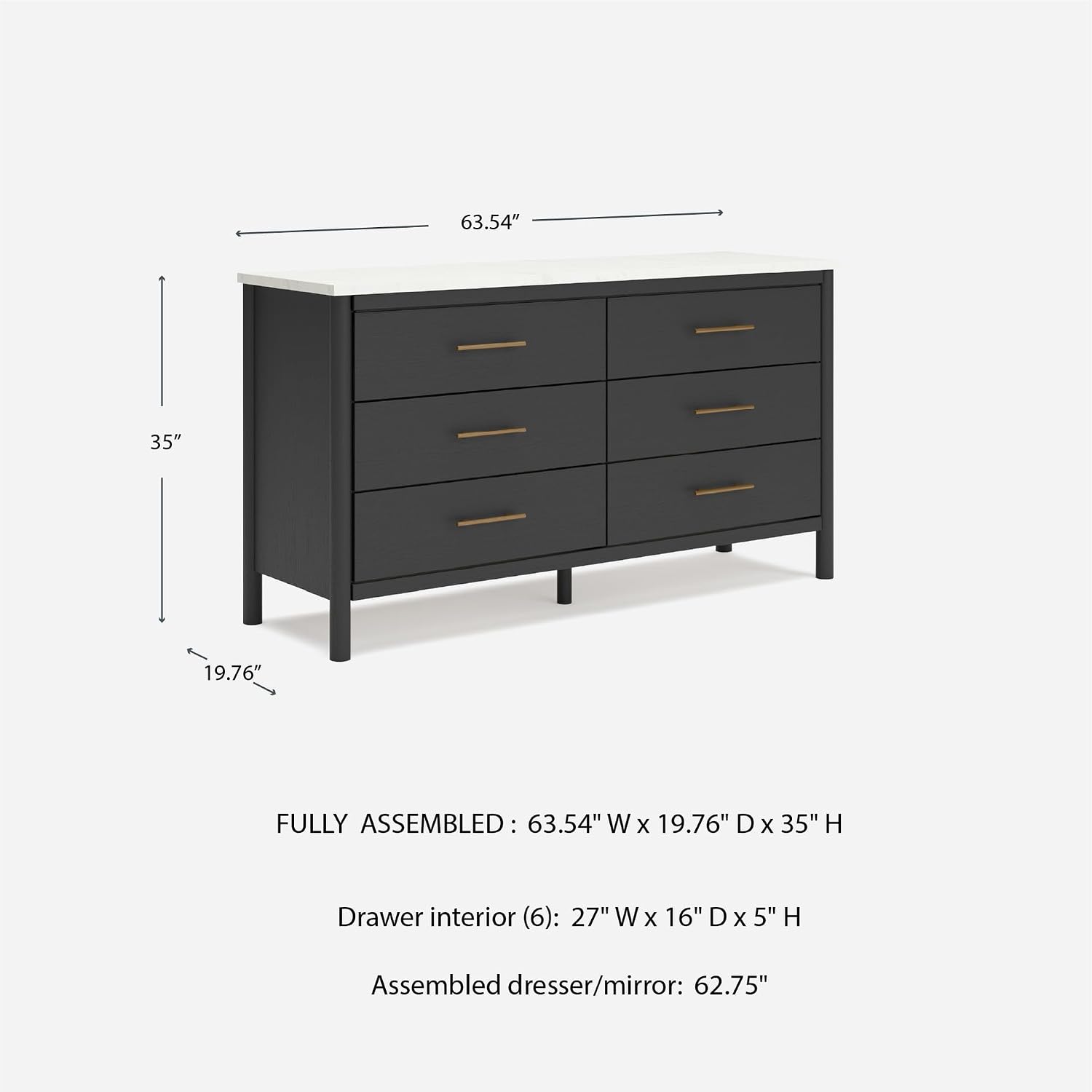 Signature Design by Ashley Cadmori 6 Drawer Dresser, Black Dresser for Bedroom, Matte Black & Replicated White Marble Top, 64' Wide, Engineered Wood Construction, Minor Assembly Required