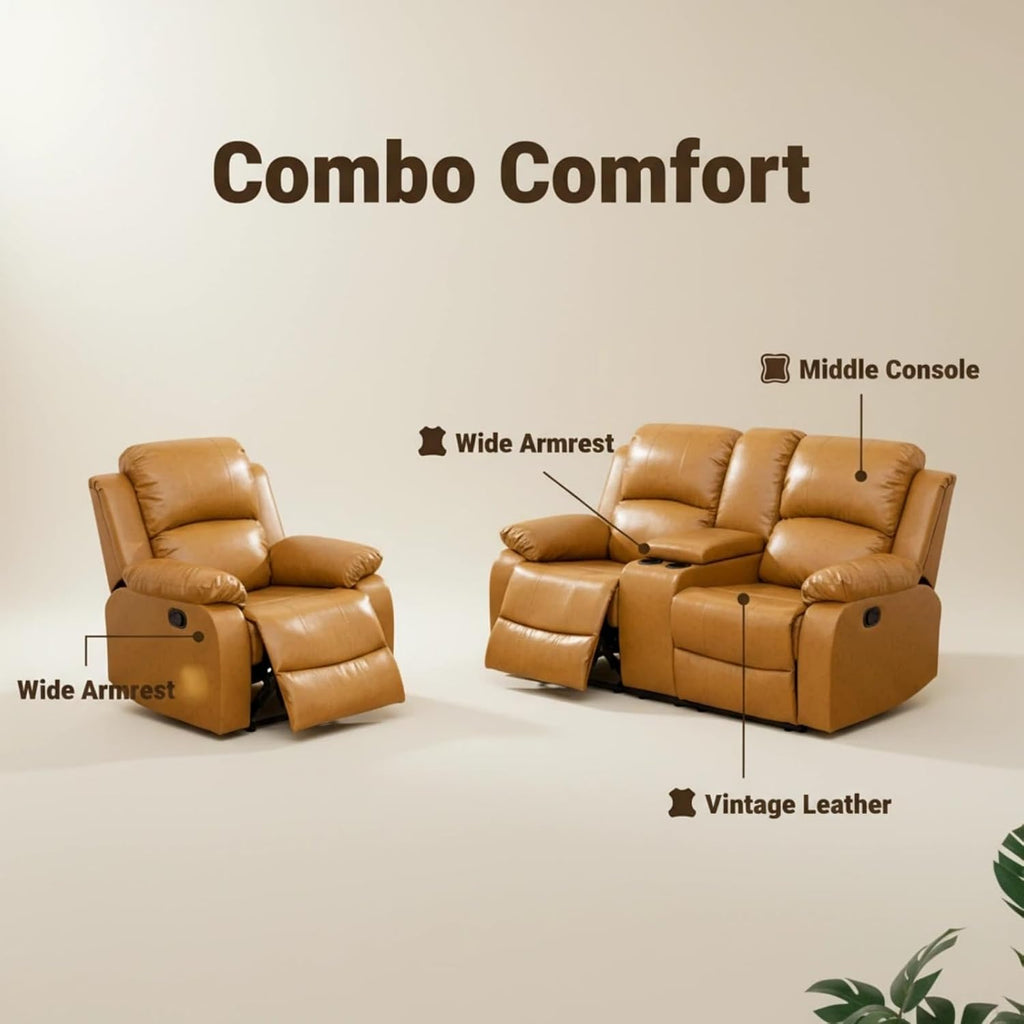 Manual Leather Recliner Sofa Set, Adjustable Backrest Reclining Loveseat Sofa & Recliner Chair with Storage Console & Cup Holders, for House, Home Theater, Ginger