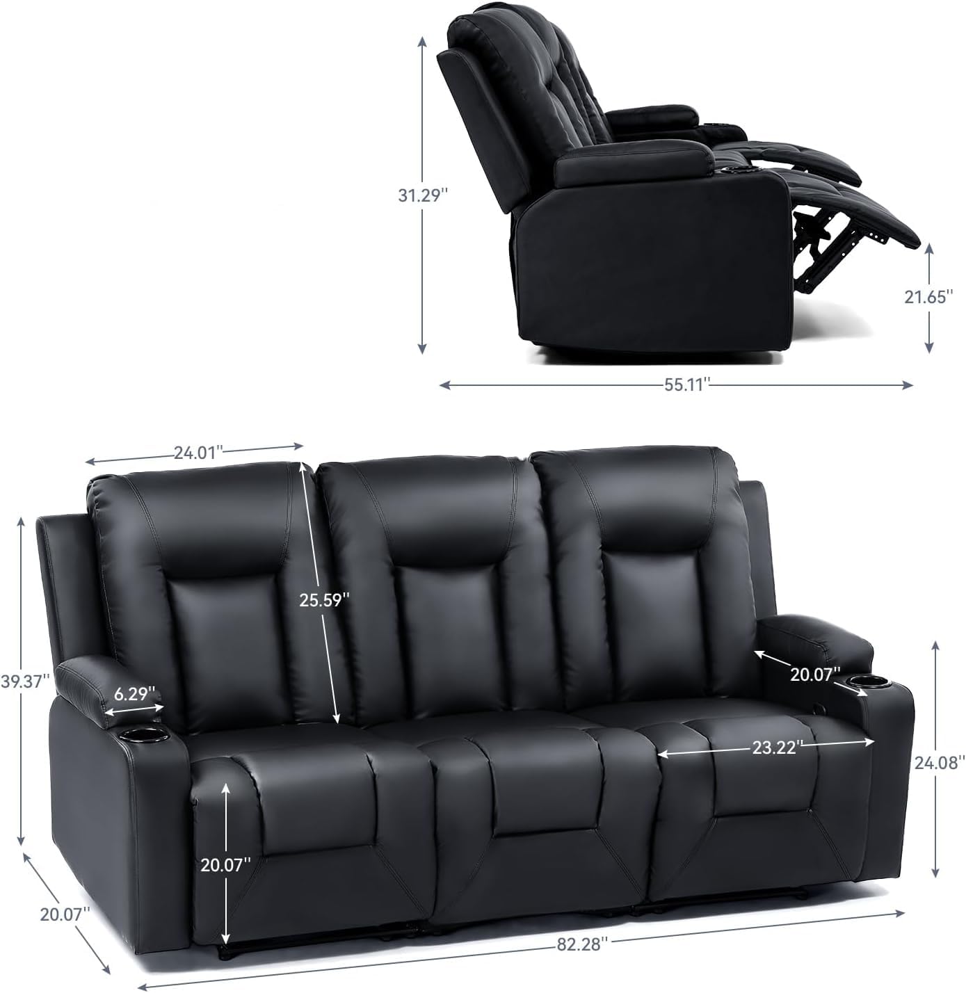 LUCKLIFE Leather Recliner Sofa Set with Manual Recliners,Living Room Furniture Set with Reclining Couch,Loveseat and Armchair,Living Room Chair with Cup Holders,Black (3+1+1)