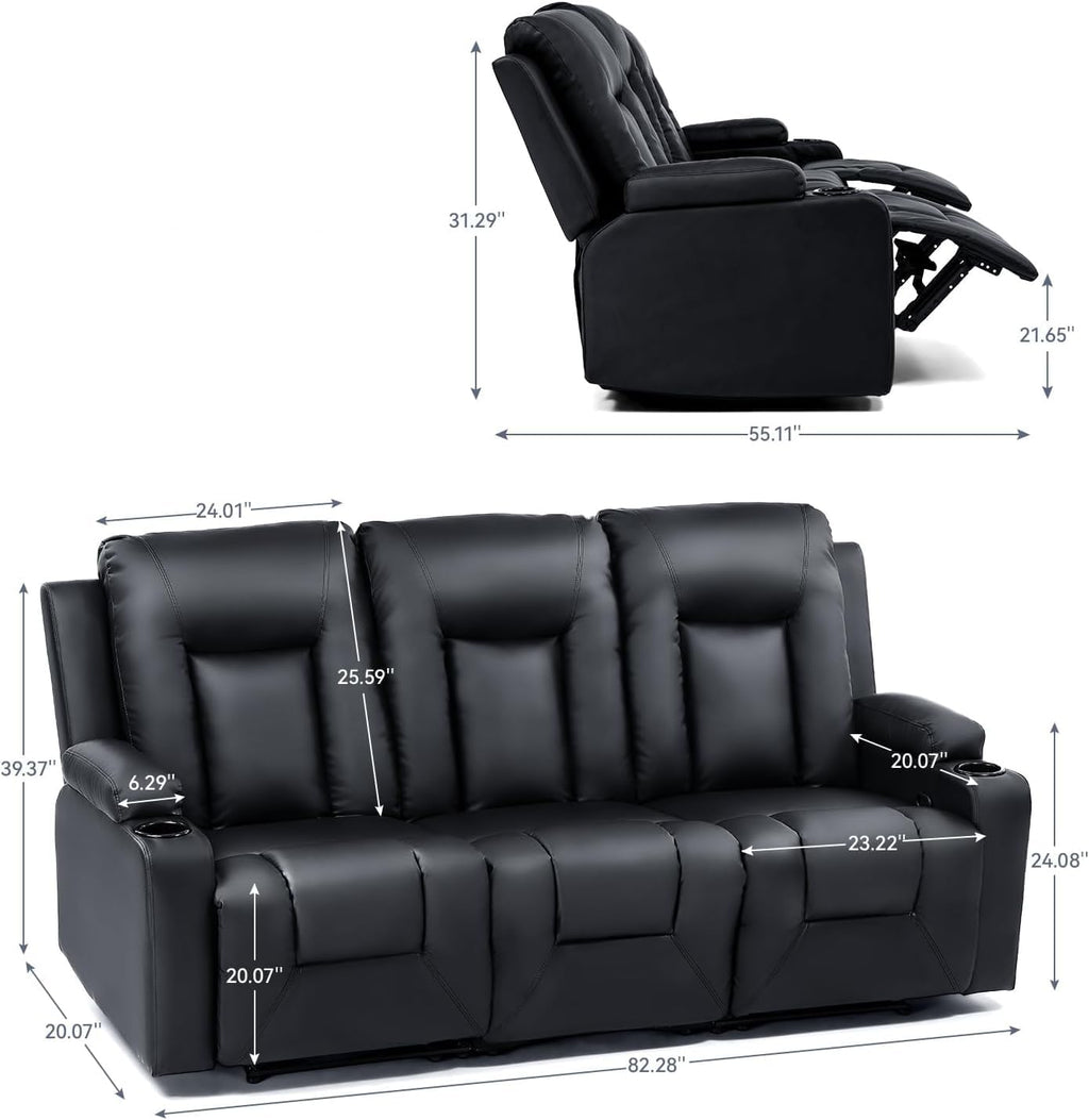 LUCKLIFE Leather Recliner Sofa Set with Manual Recliners,Living Room Furniture Set with Reclining Couch,Loveseat and Armchair,Living Room Chair with Cup Holders,Black (3)