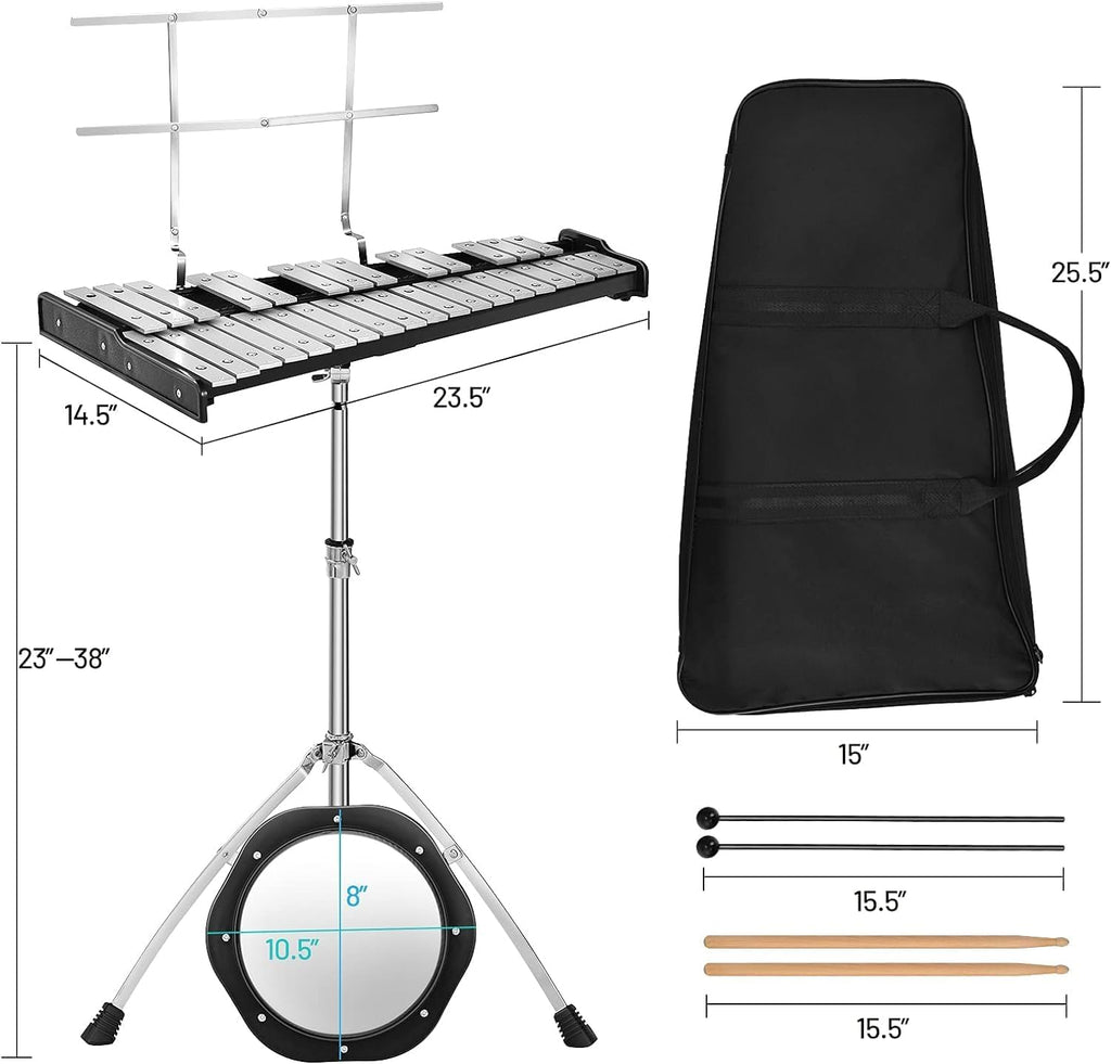 MEDIMALL 32 Notes Glockenspiel Kits, Percussion Xylophone with Adjustable Stand, Music Stand, 8' Practice Pad, Bell Mallets, Wood Drumsticks & Carrying Bag, Glockenspiel for Beginners & Professionals