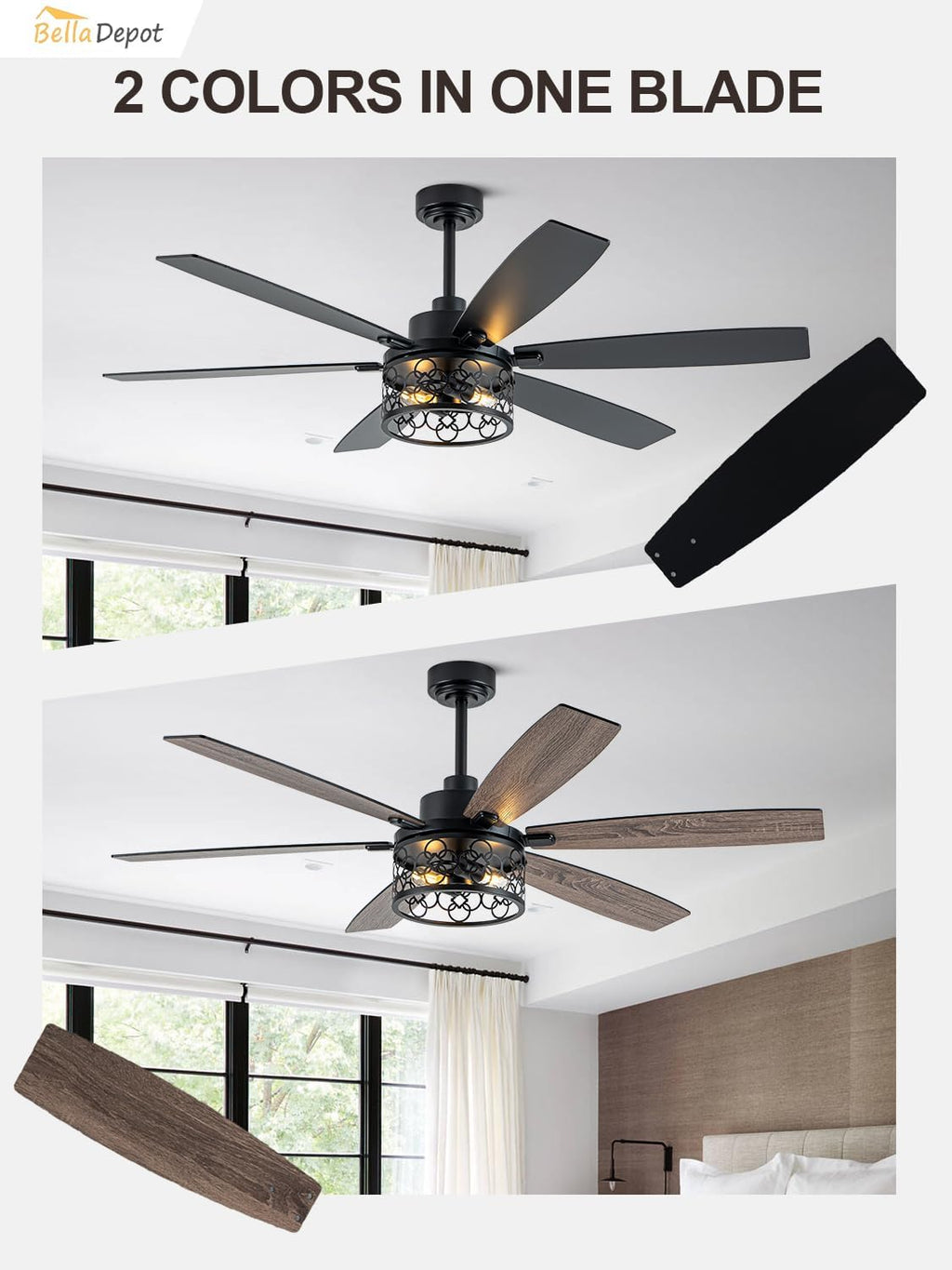 Bella Depot 60' Ceiling Fan with Light Farmhouse Caged Chandelier Fan with Remote Vintage Rustic Indoor Fandelier with Silent Motor for Dining Living Room Bedroom, (Bulbs not Included)