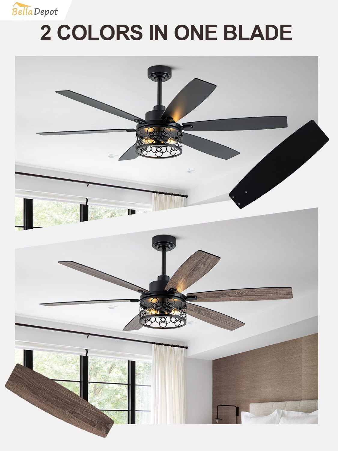 Bella Depot 60' Ceiling Fan with Light Farmhouse Caged Chandelier Fan with Remote Vintage Rustic Indoor Fandelier with Silent Motor for Dining Living Room Bedroom, (Bulbs not Included)