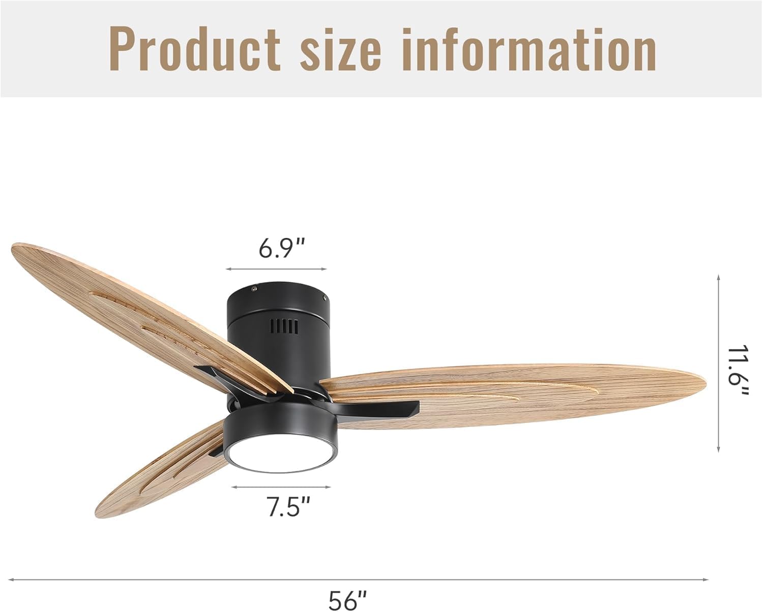 56 Inch Modern Design Flush Mount Ceiling Fan with Light and Remote Control, 3 Solid Wood Blades Reversible DC Motor Black for Living Room