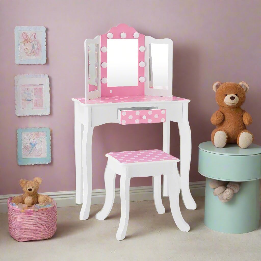 Teamson Kids - Fashion Polka Dot Prints Gisele Play Vanity Set with LED Lights - Pink/White
