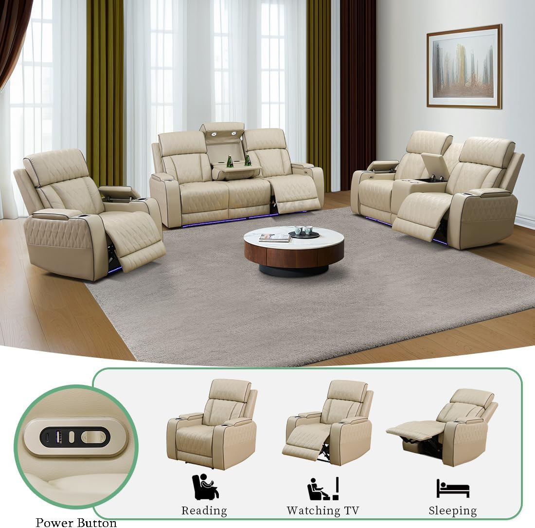 3PCS Power Recliner Sofa with Drop-Down Table Cup Holder, Living Room Furniture Sets, Beige Breathing Leather Power Reclining Sofa Set with 5 Recliner Seats,Storage Console for Living Room