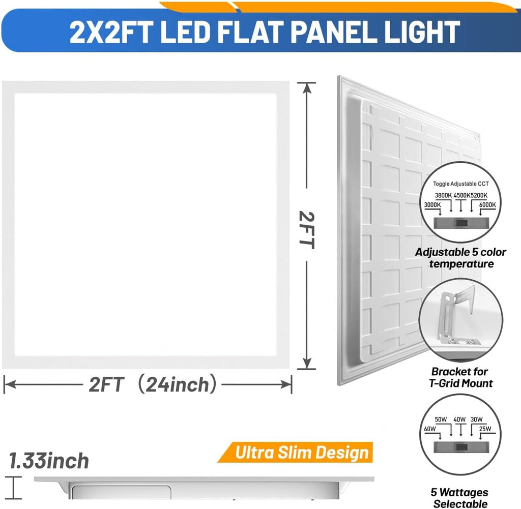 Allsmartlife 2x2 LED Flat Panel Ceiling Light 4-Pack, 0-10V Dimmable, 5CCT 3000K-3500K-4500K-5000K-6000K, MAX 60W/7200 Lumens, Back-Lit Drop Ceiling Light Fixtures, 100-277V 50/60Hz