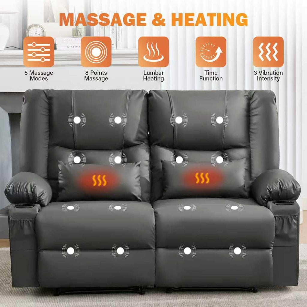HRVEOCEI Grey Leather Loveseat Recliner with Massage/Heat, Oversized Recliner Couch & Reclining Loveseat with Cup Holders/Pillow, Manual Reclining Sofa for Living Room/Rv/Home Theater Seating (Grey)