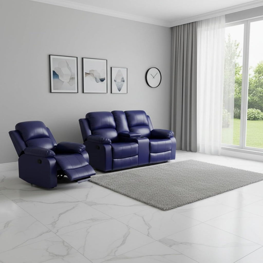 Manual Leather Recliner Sofa Set, Adjustable Backrest Reclining Loveseat Sofa & Recliner Chair, Comfortable Reclining Seats for Home Theater, Apartment, Dark Blue