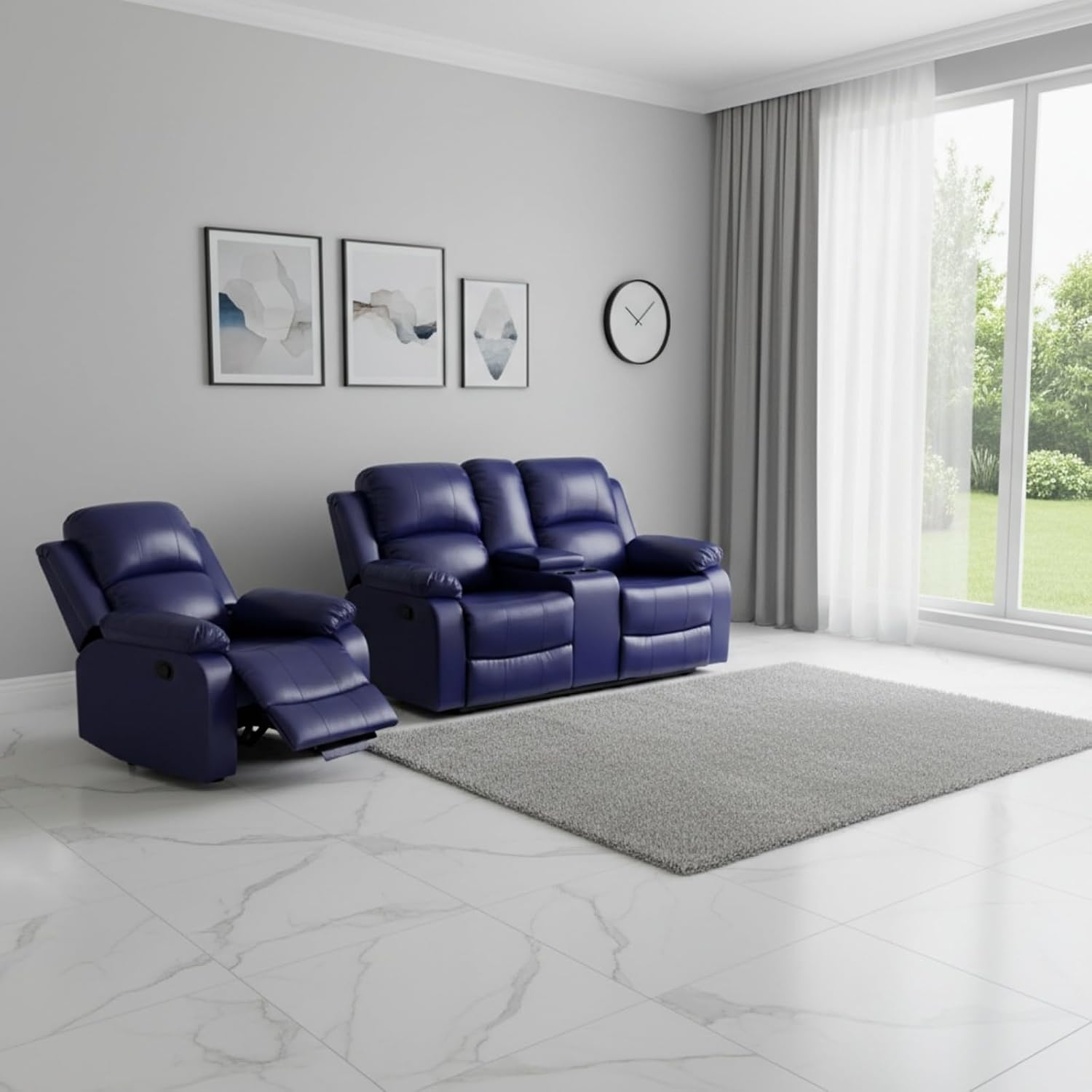 Manual Leather Recliner Sofa Set, Adjustable Backrest Reclining Loveseat Sofa & Recliner Chair, Comfortable Reclining Seats for Home Theater, Apartment, Dark Blue