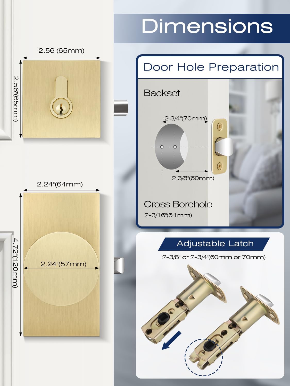 Entry Door Locksets with Deadbolt, 3 Pack Door Knobs Interior, Gold Door Handle with Single Deadbolt, Keyed Entry Door Knob, Universal for Left/Right Handled Doors, Satin Brass Door Lever Set