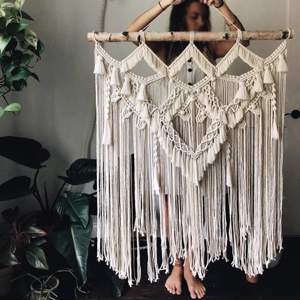 LXHELIVERY Wall Hanging Large Chic Woven Tapestry Woven Wall Decor- Cotton Tassel Curtain White Chic Wall Art for Bedroom Living Room Apartment Backdrop (Color : White, Size : 90x100x100cm)