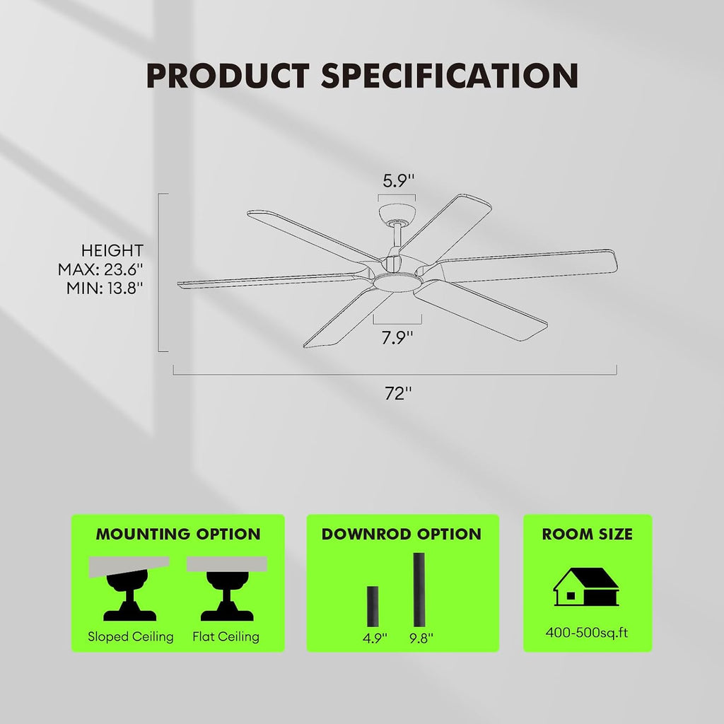 72 Inch Black Ceiling Fans with Lights, Reversible Quiet DC Motor, Modern Wood Ceiling Fan with Light and Remote Control, Energy Efficient Indoor/Outdoor Use, Matte Black