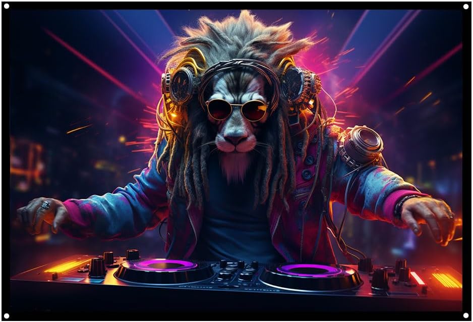 Cyberpunk Lion DJ, UV tapestry, Blacklight Reactive Wall Hanging, Neon Backdrop, Party Decor, Psychedelic Tapestry, Visionary Wall Art (Large)