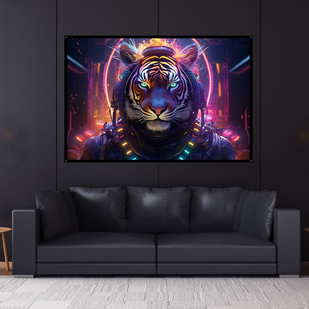 Cyberpunk Tiger Punk UV tapestry, Blacklight Reactive Wall Hanging, Neon Backdrop, Party Decor, Psychedelic Tapestry, Visionary Wall Art (Large)