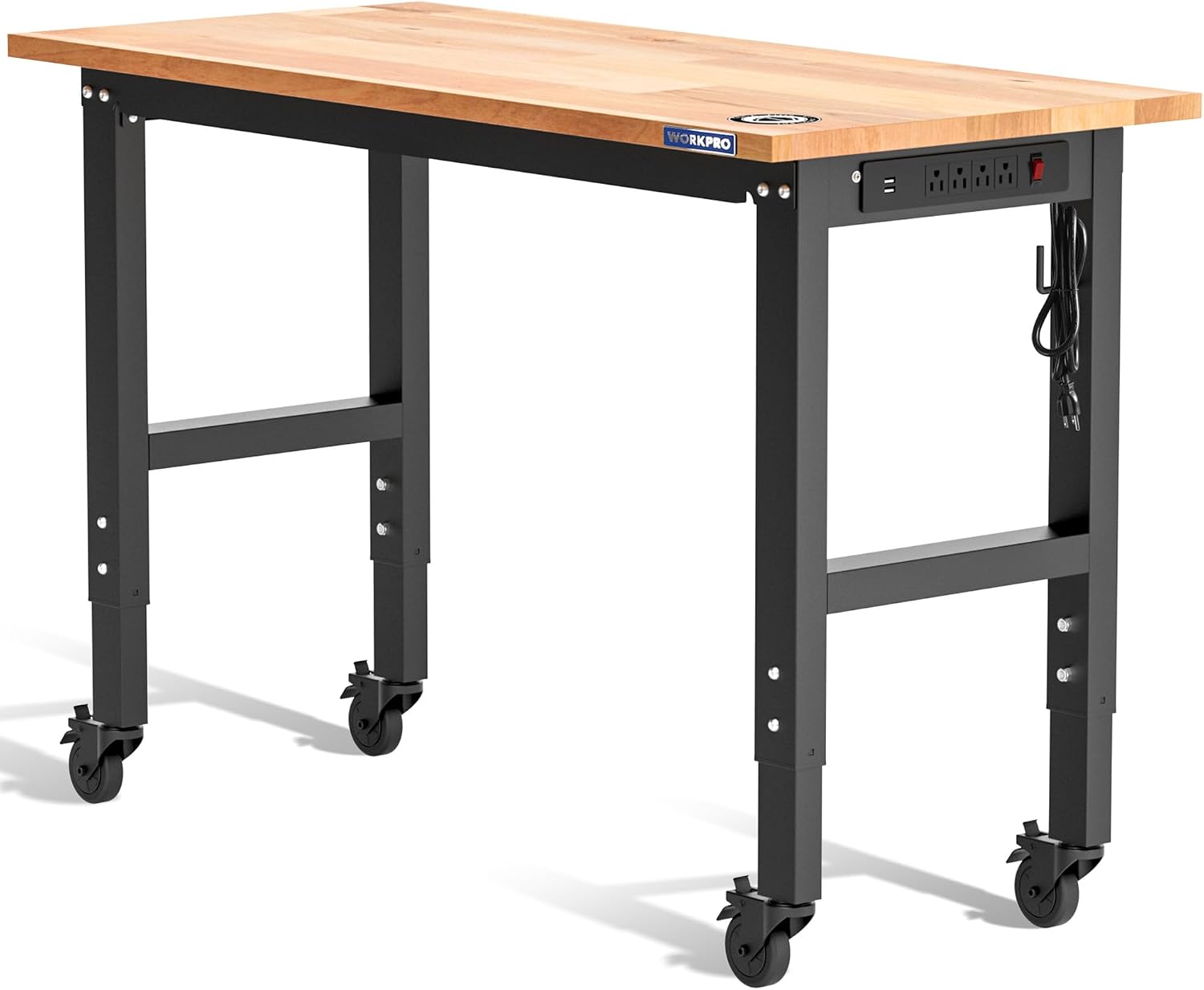WORKPRO Garage Workbench, 48'X22' Adjustable Workbench with Wheels, Rubber Wood Top Heavy-Duty Workstation with Power Outlets, 1000 LBS Stationary Load Capacity, for Workshop, Garage