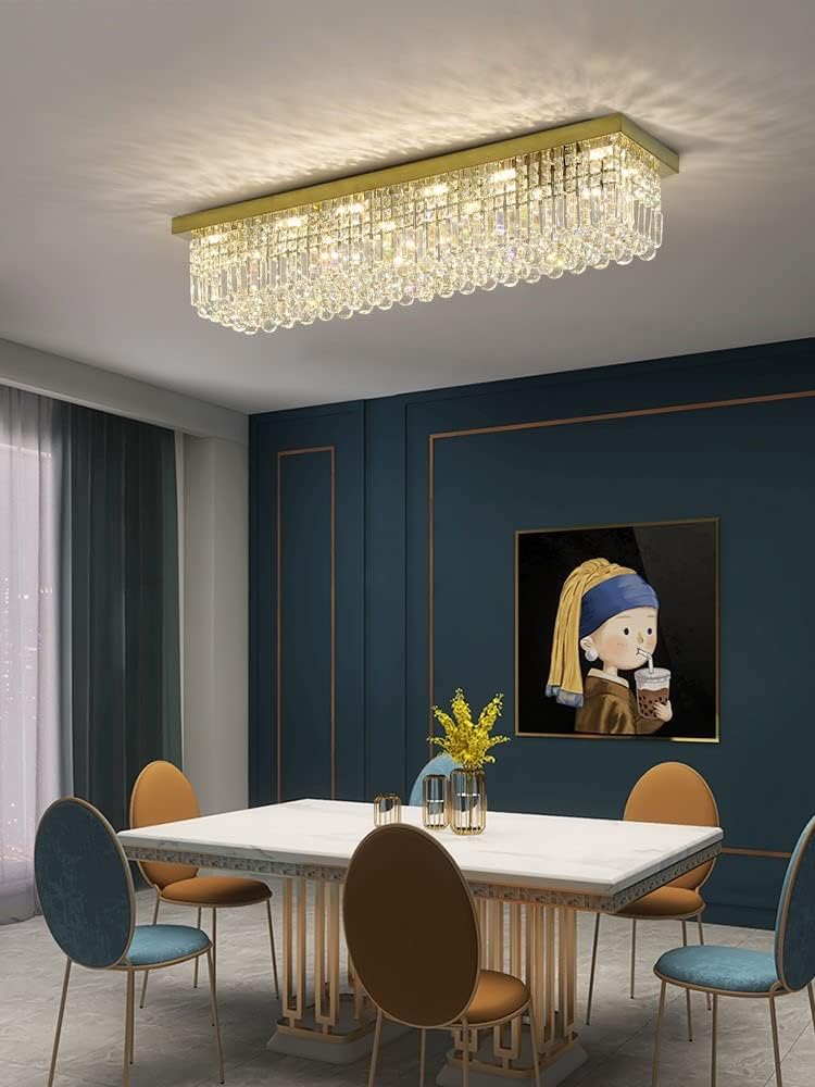 7PM Modern Rectangular Chandelier, Gold, L31.5' x W10' x H10', 6 Lights, Dimmable, Kitchen, Dining Room, Living Room