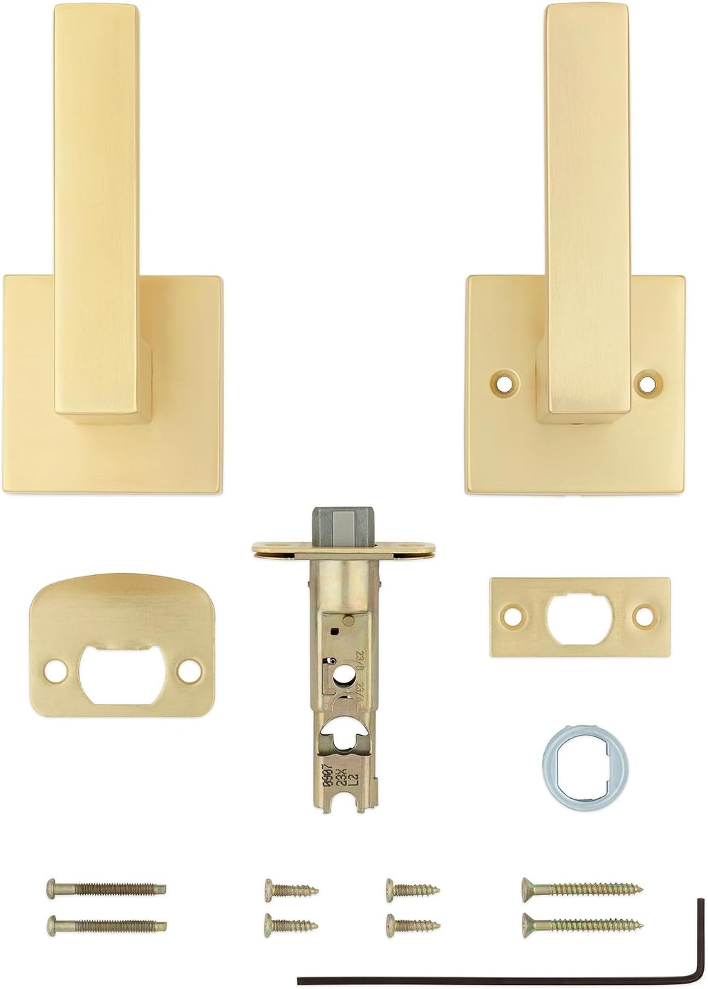 Kwikset Singapore Interior Passage Door Handle, Lever for Closet and Hallway Doors, Reversible Non-Locking Handle Lever, Satin Brass, with Microban Protection (Pack of 4)