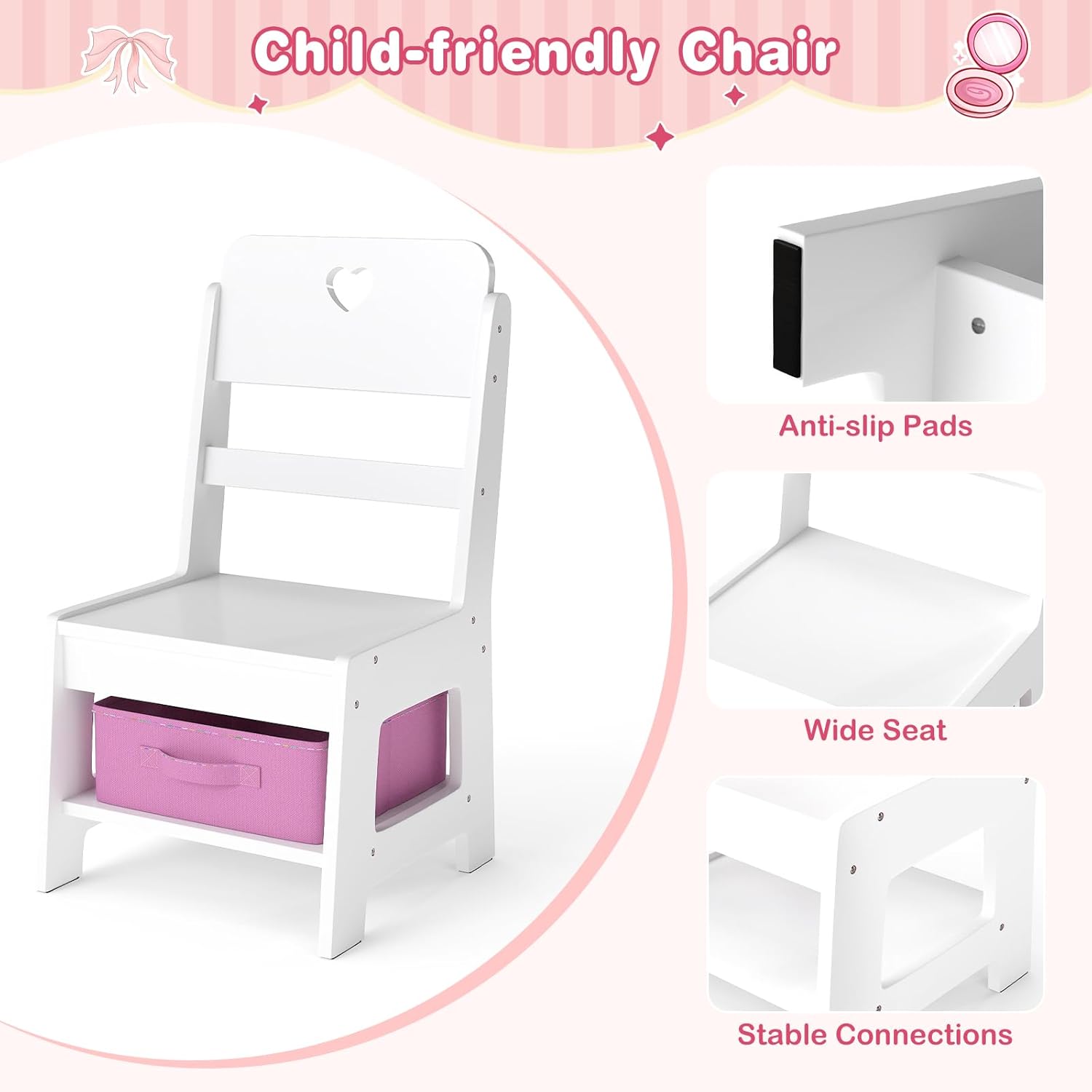 INFANS Kids Vanity with Lights, Princess Makeup Desk with Mirror, Jewelry Hanger, Fabric Drawers, Toddler Table and Chair Set Pretend Play for Girls