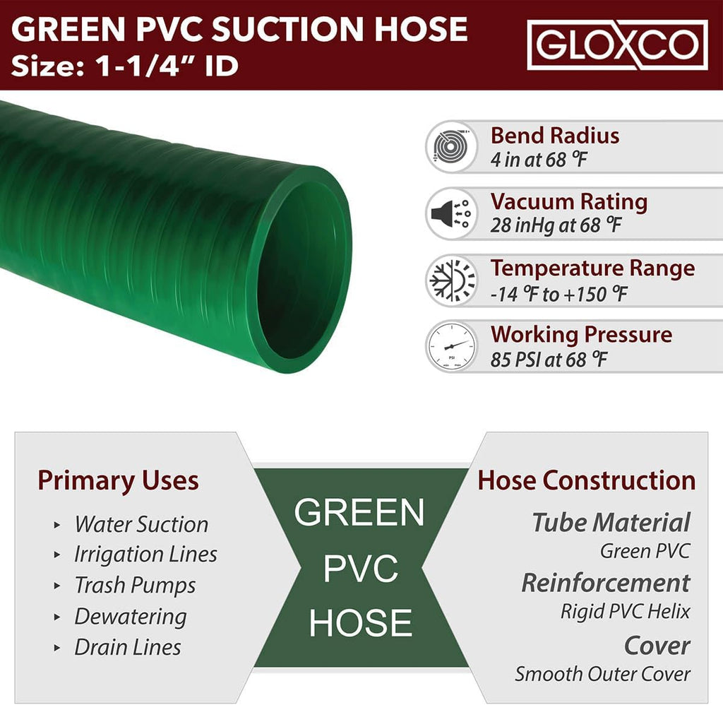 Gloxco Heavy Duty Green PVC Suction Hose Assembly for Water Transfer, 1-1/4' Inside Diameter, Installed Male x Female Cam and Groove Fittings, 40 ft Length