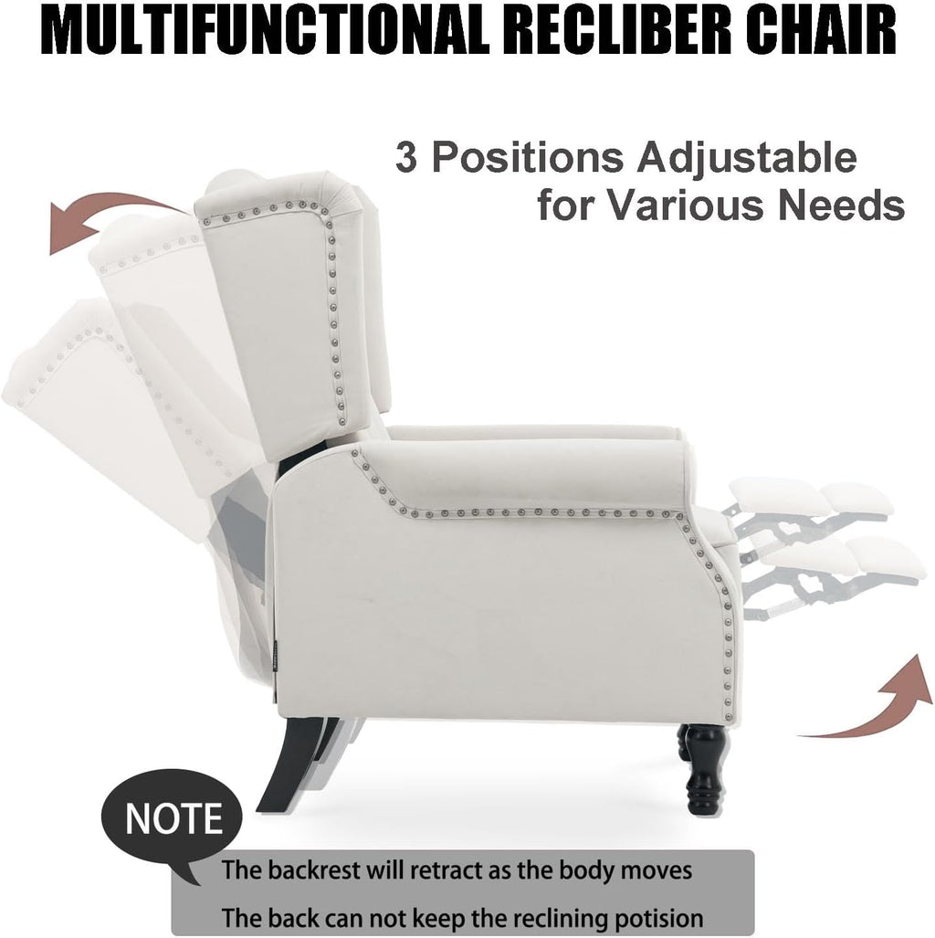 Velvet Accent Chair, Push Back Recliner Chair, Wingback Arm Chair for Living Room/Bedroom/Home Theater/Reception Area, Light Beige