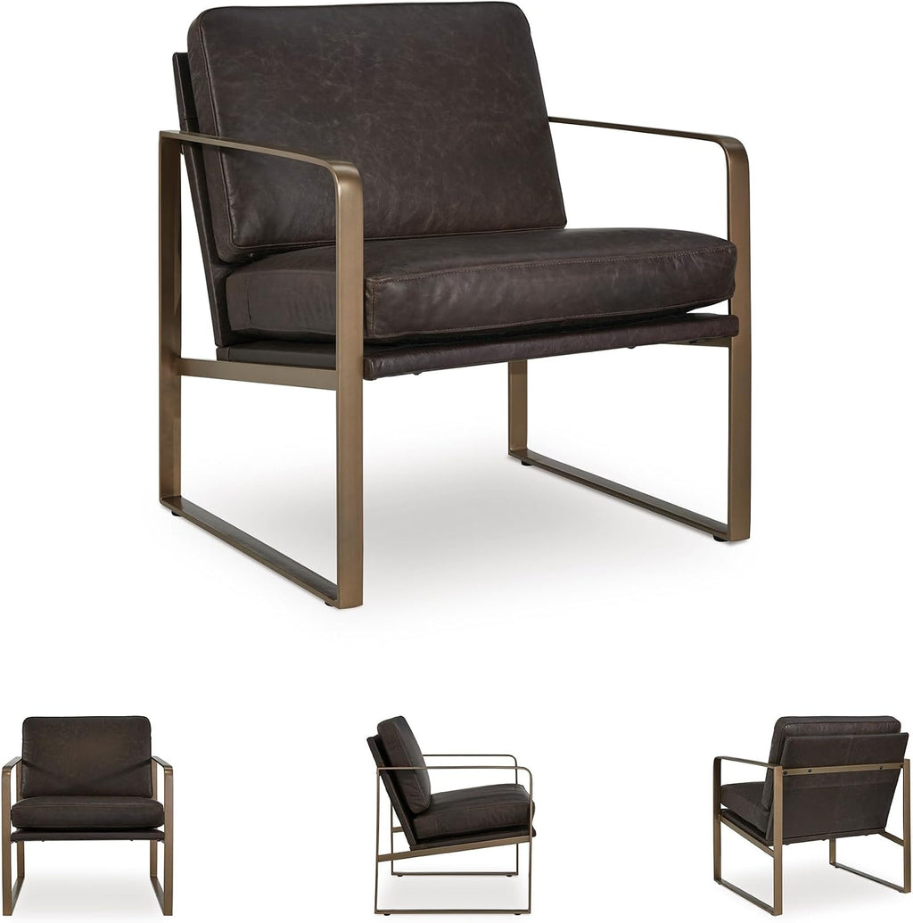 Signature Design by Ashley Bradett Modern Leather Accent Chair with Metal Frame, Dark Brown & Metallic