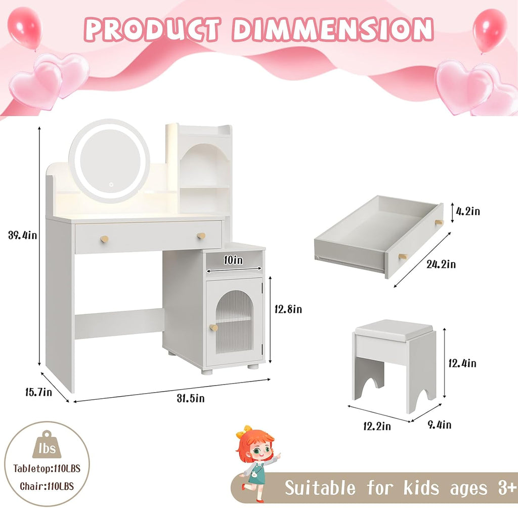 Vabches Kids Vanity Table and Chair Set, Toddler Dressing Table for 5-12 Year Old Little Girls, 2 in 1 Princess Makeup Vanity with Mirror & Lights, Wooden Pretend Play Vanity Desk, White