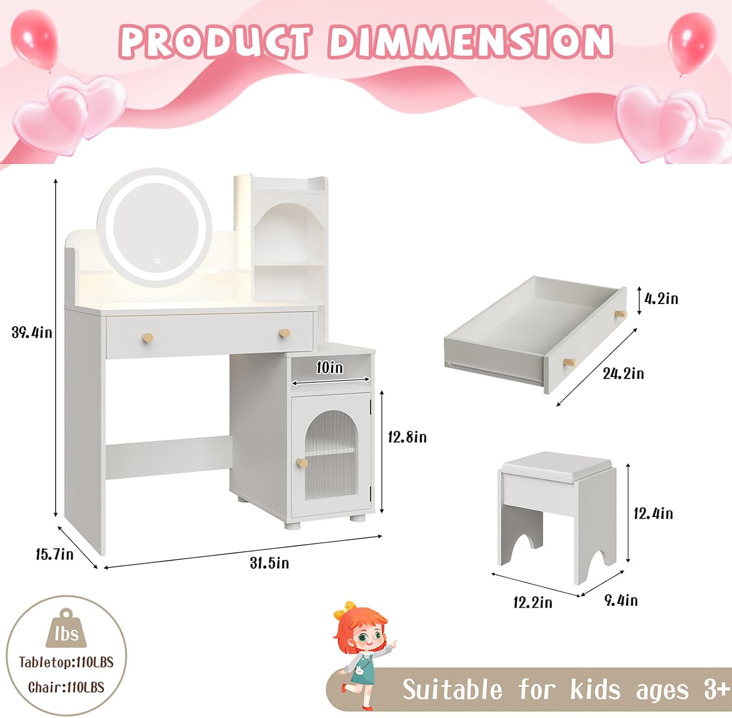 Vabches Kids Vanity Table and Chair Set, Toddler Dressing Table for 5-12 Year Old Little Girls, 2 in 1 Princess Makeup Vanity with Mirror & Lights, Wooden Pretend Play Vanity Desk, White