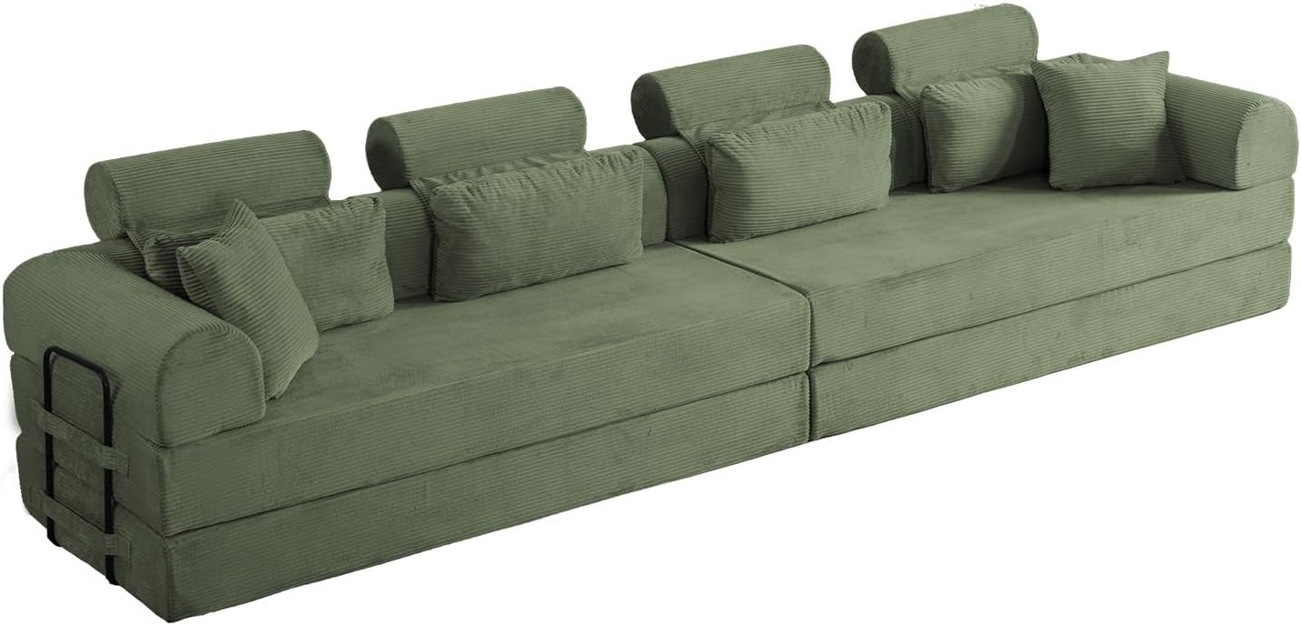 KEIKI 6-in-1 Folding Convertible High Back Sofa Sleeper, 106' Oversized Modular Sectional Corduroy Upholstered L Shape Couches for Living Room, Deep Cushion for Open Concept Living, Grayish Green
