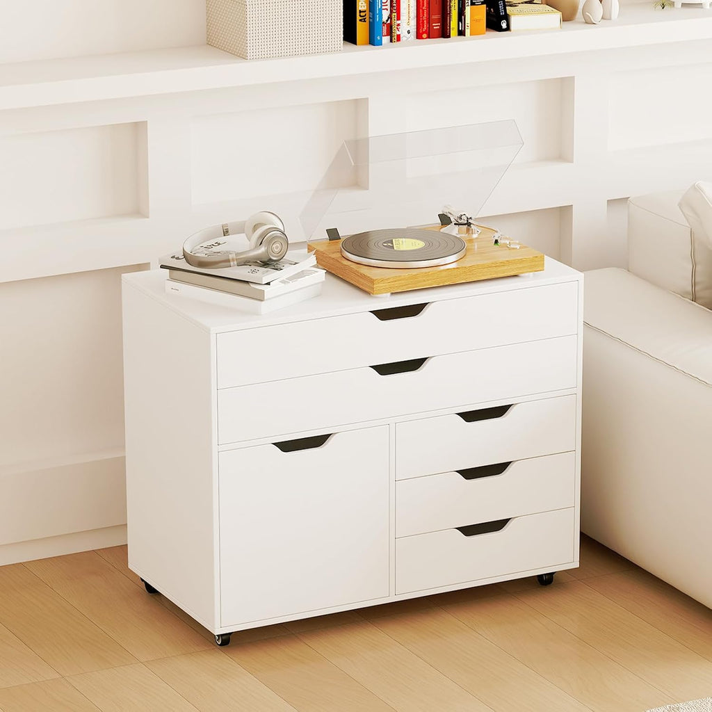 MAT EXPERT 5-Drawer Mobile File Cabinet w/Door, Lateral Filing Cabinet w/5 Universal Wheels, Rolling File Cabinets with Storage, Modern Wood Printer Stand for Home Office, Living Room, Study (White)
