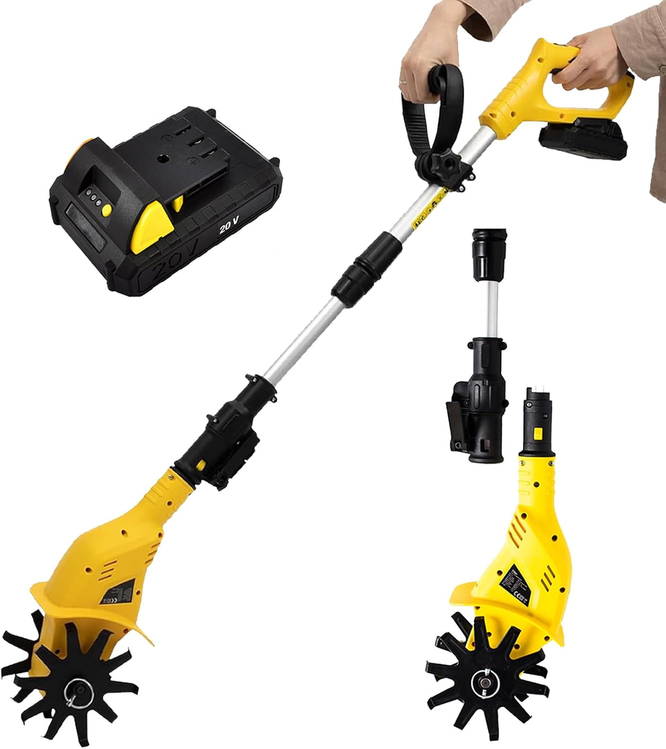 Electric Garden Tiller, Rototiller Tool with Aluminum Alloy Telescopic Rod, Ergonomic Handle, Electric Garden Rototiller for Garden Lawn Soil Digging, Included Battery